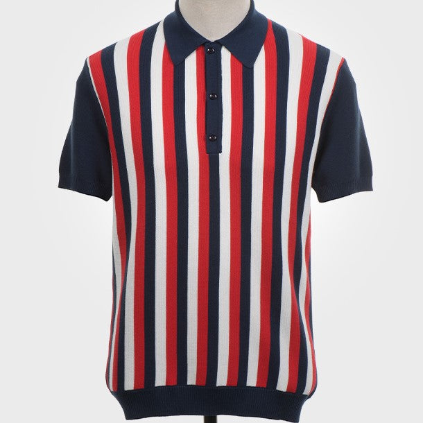 Art Gallery Fine Gauge Knit Vertical Multi Stripe Polo Navy Blue