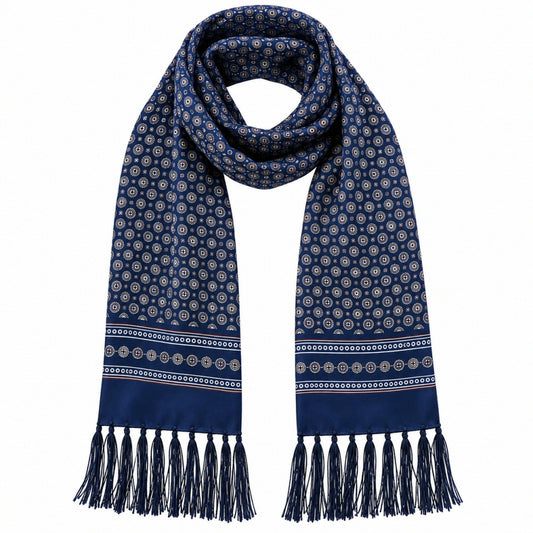 Tootal Mens Printed Silk Scarf Geometric Wheel Design Navy