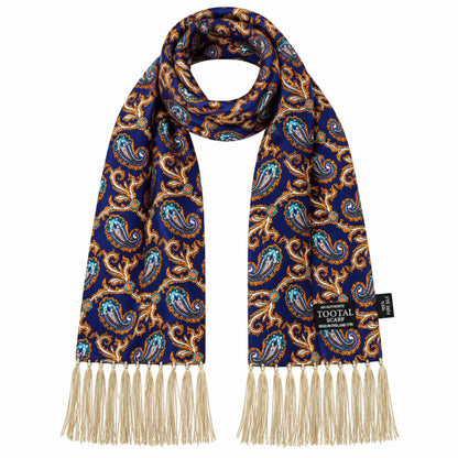 Tootal Mens Printed Silk Scarf Paisley Navy / Gold