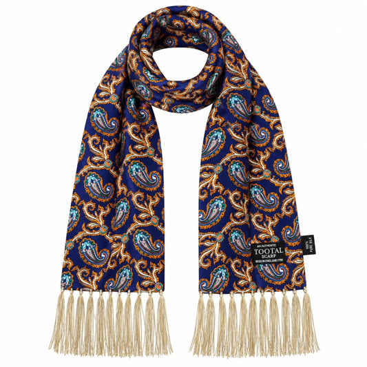 Tootal Mens Printed Silk Scarf Paisley Navy / Gold
