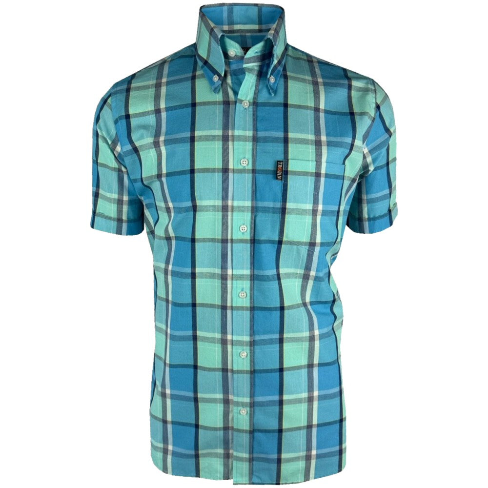 Trojan Records Windowpane Check Shirt With Pocket Square Cobalt