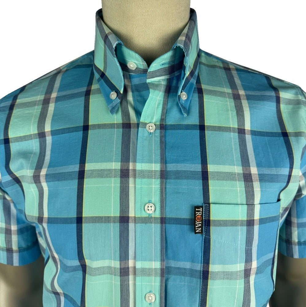 Trojan Records Windowpane Check Shirt With Pocket Square Cobalt