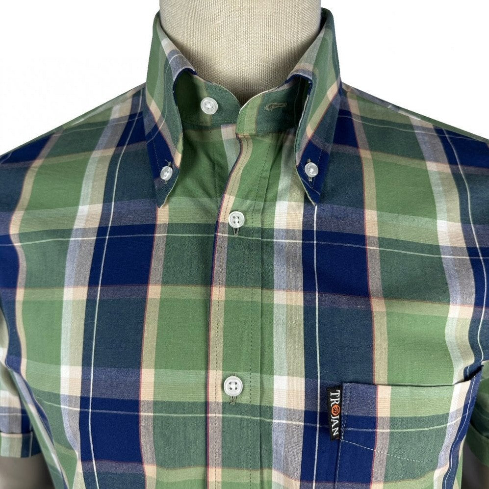 Trojan Records Windowpane Check Shirt With Pocket Square Navy