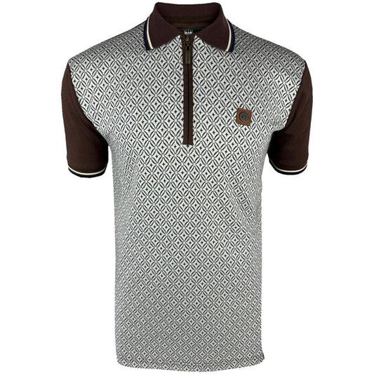 Trojan Records Geometric Panel Zip Polo Shirt Chocolate
