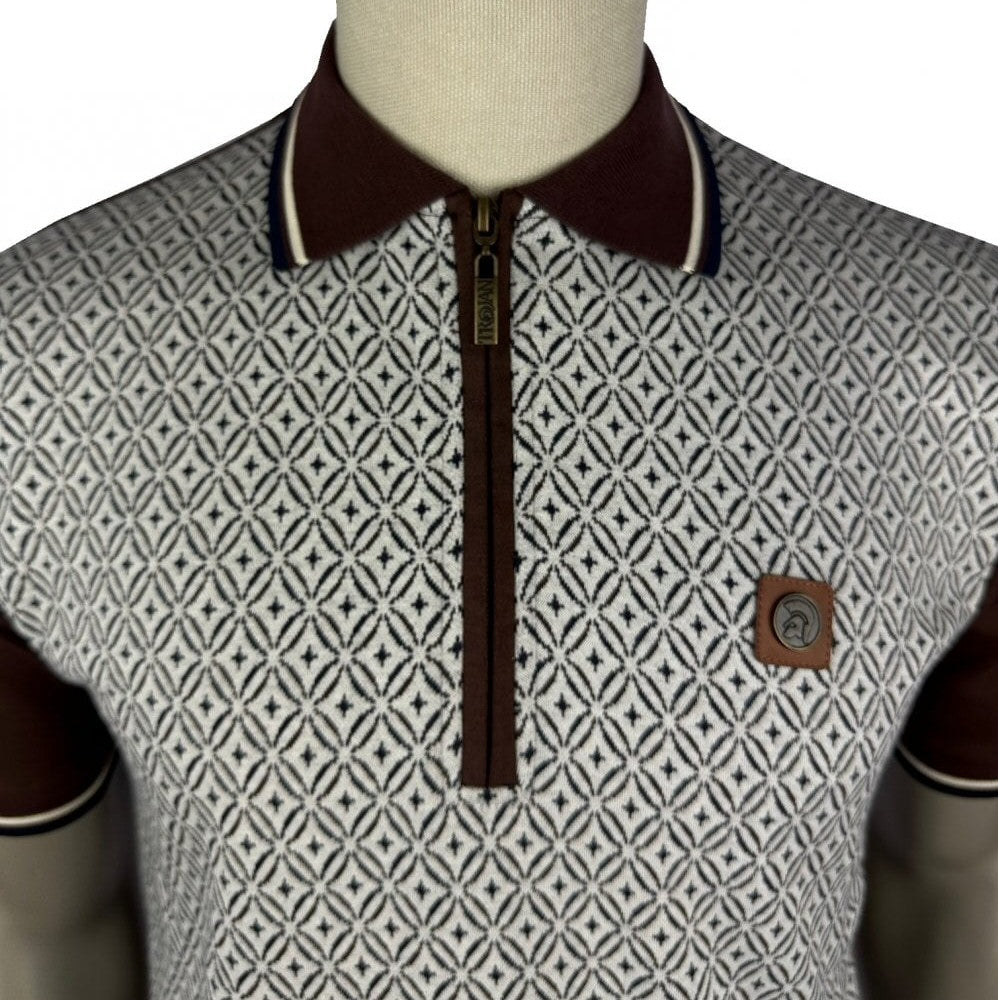 Trojan Records Geometric Panel Zip Polo Shirt Chocolate