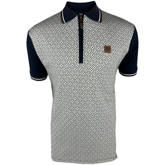 Trojan Records Geometric Panel Zip Polo Shirt Navy