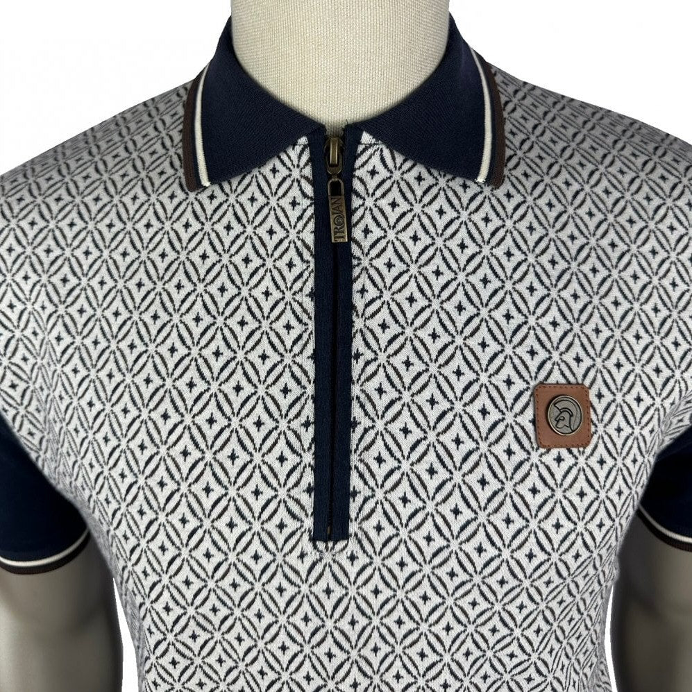Trojan Records Geometric Panel Zip Polo Shirt Navy