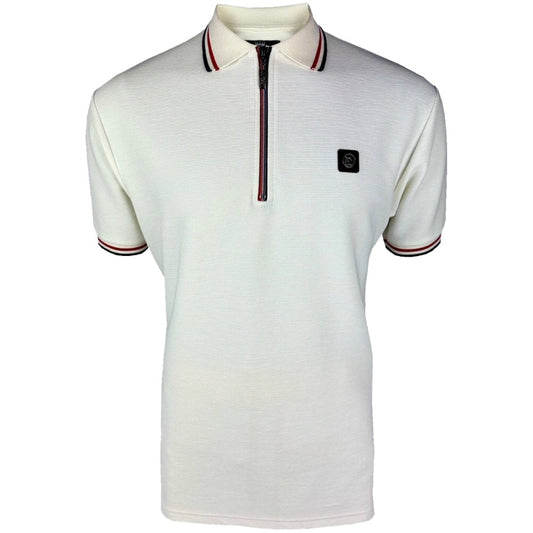 Trojan Records Ottoman Rib Contrast Zip Polo Ecru