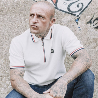 Trojan Records Ottoman Rib Contrast Zip Polo Ecru
