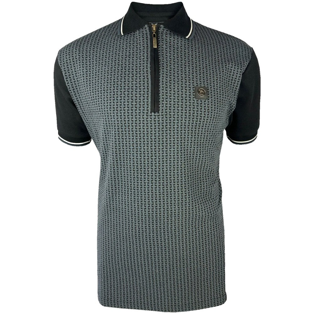 Trojan Records Basket Knit Zip Neck Polo Shirt Black