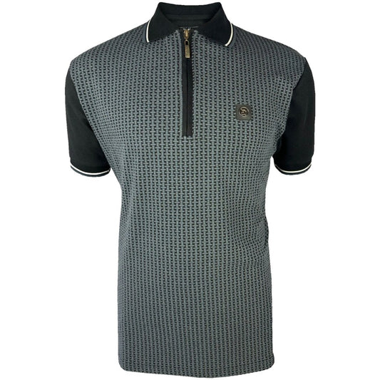 Trojan Records Basket Knit Zip Neck Polo Shirt Black
