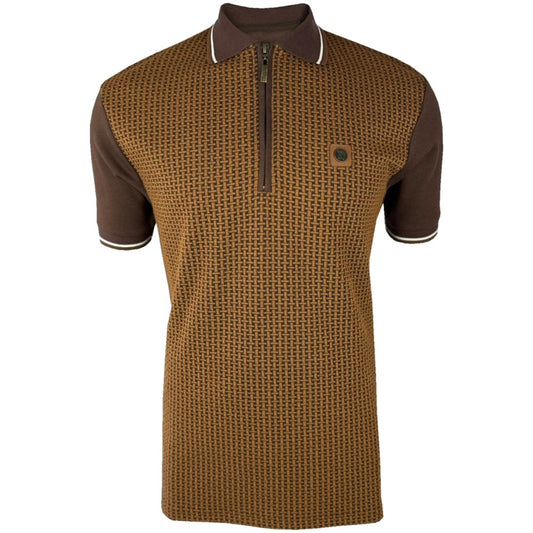 Trojan Records Basket Knit Zip Neck Polo Shirt Chocolate