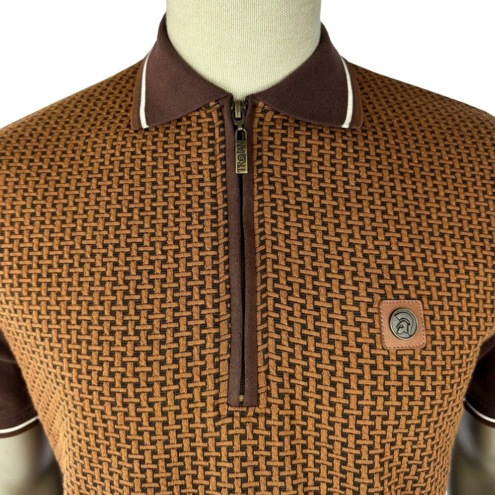 Trojan Records Basket Knit Zip Neck Polo Shirt Chocolate
