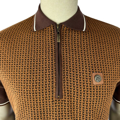 Trojan Records Basket Knit Zip Neck Polo Shirt Chocolate