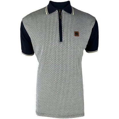 Trojan Records Basket Knit Zip Neck Polo Shirt Navy