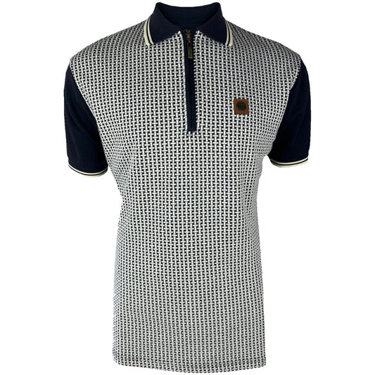 Trojan Records Basket Knit Zip Neck Polo Shirt Navy