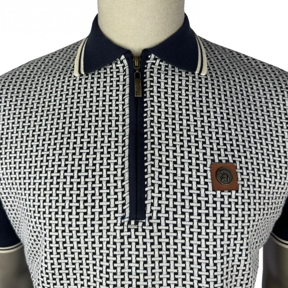 Trojan Records Basket Knit Zip Neck Polo Shirt Navy