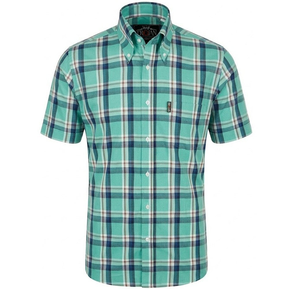 Trojan Records Classic Plaid Check Shirt With Pocket Square Turquoise