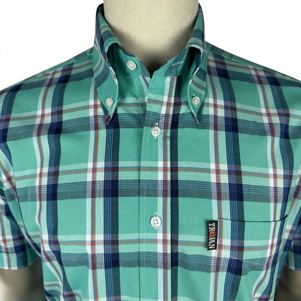 Trojan Records Classic Plaid Check Shirt With Pocket Square Turquoise