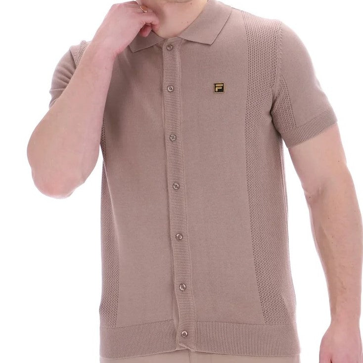 Fila Gold Collection Pointelle Knit Panel Polo Cardi Taupe