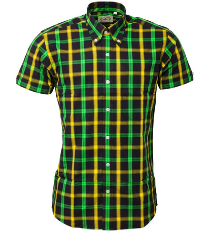 Relco Button Down Check Short Sleeve Shirt Jamaican Black Green Gold