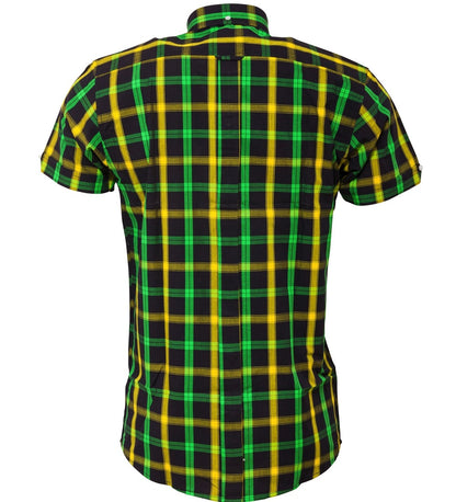 Relco Button Down Check Short Sleeve Shirt Jamaican Black Green Gold