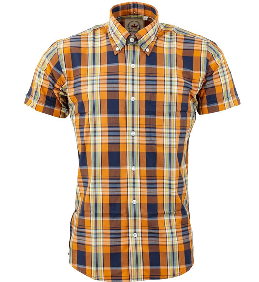 Relco Button Down Check Short Sleeve Shirt Orange