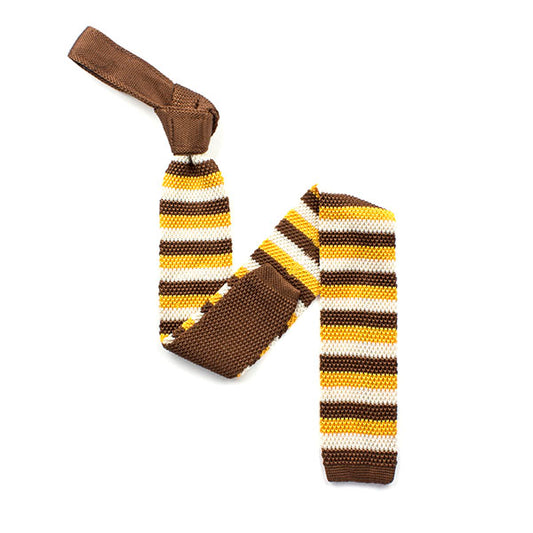 Knightsbridge Retro Mod 60's Ivy League Slim Horizontal Multi Stripe Square End Knitted Silk Tie Yellow / Brown / Cream