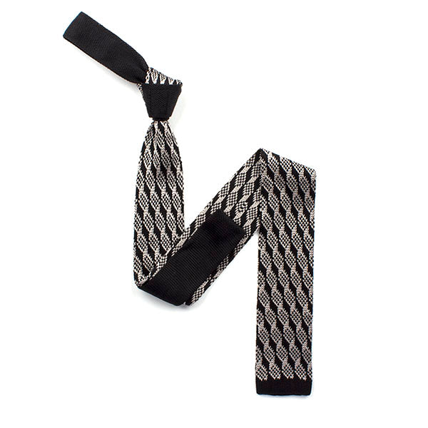 Knightsbridge Retro Mod 60's Slim Diamonds Knitted Silk Square End Tie Black / Silver
