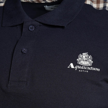 Aquascutum Active Club Check Shoulder Polo Shirt Navy