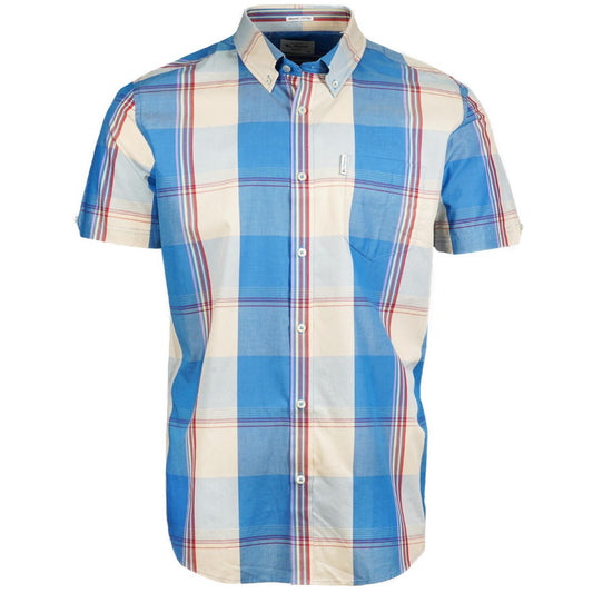 Ben Sherman Short Sleeve Large Overcheck Shirt Bright Blue