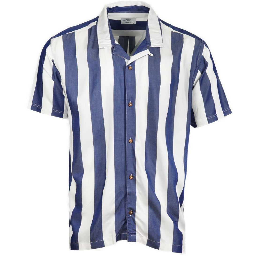 Ben Sherman Short Sleeve Revere Collar Block Stripe Shirt Blue