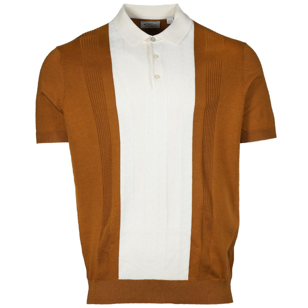 Ben Sherman Texture Block Stripe Knit Polo Caramel