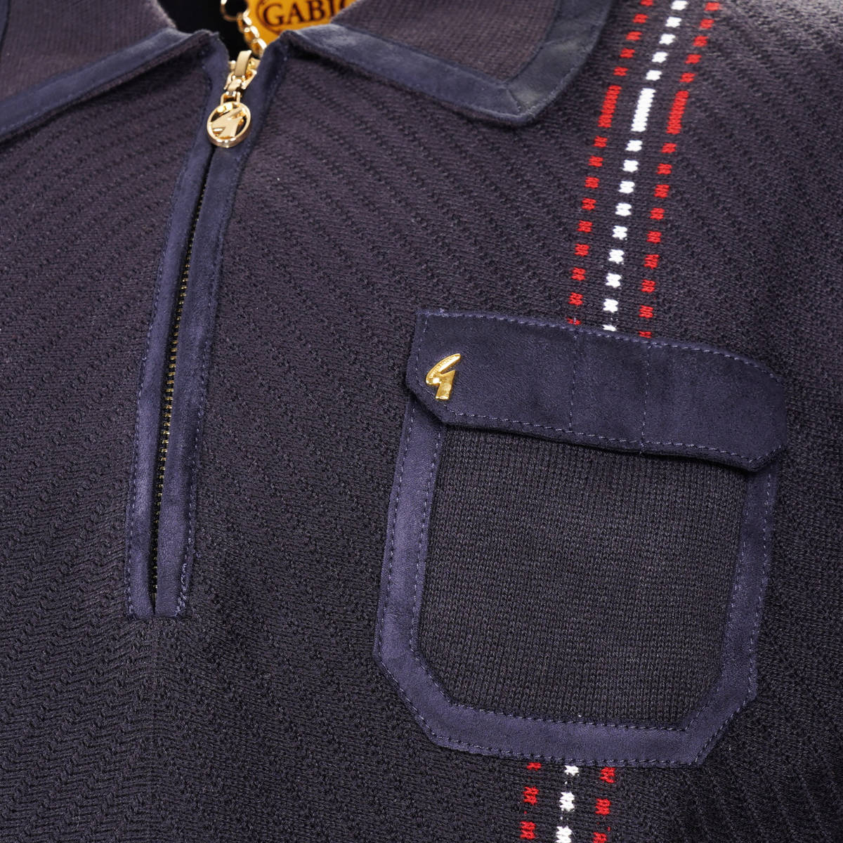 Gabicci Vintage Archive Zip Neck Suede Trim Polo Navy