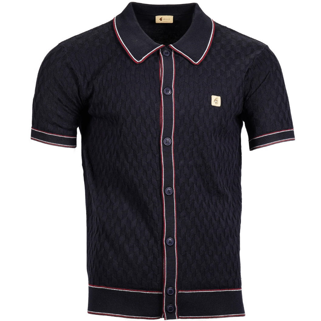 Gabicci Vintage Fine Pointelle Knit Polo Cardigan Navy