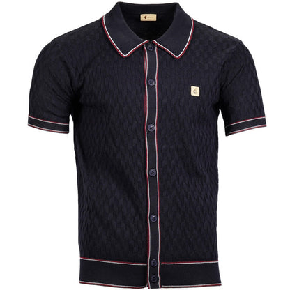 Gabicci Vintage Fine Pointelle Knit Polo Cardigan Navy