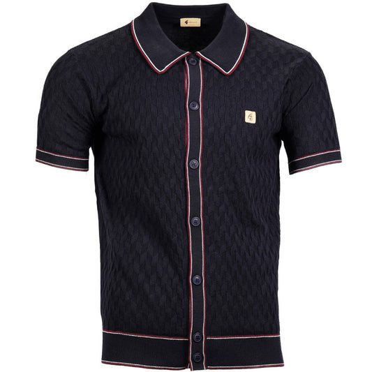 Gabicci Vintage Fine Pointelle Knit Polo Cardigan Navy