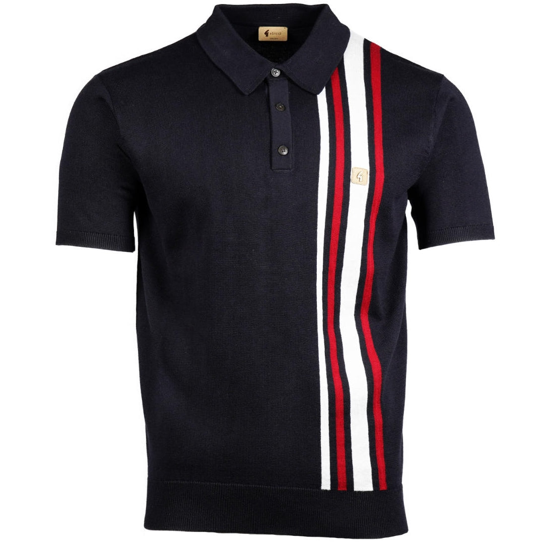 Gabicci Vintage Mod Racing Stripe Fine Knit Polo Navy