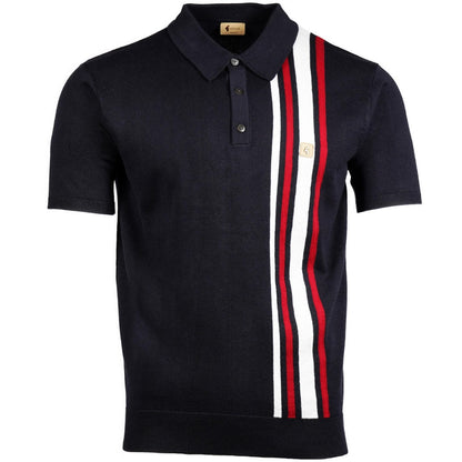 Gabicci Vintage Mod Racing Stripe Fine Knit Polo Navy