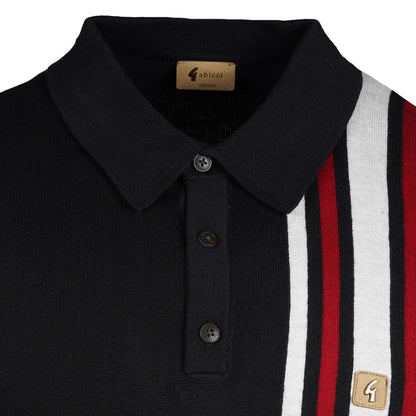 Gabicci Vintage Mod Racing Stripe Fine Knit Polo Navy