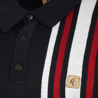 Gabicci Vintage Mod Racing Stripe Fine Knit Polo Navy