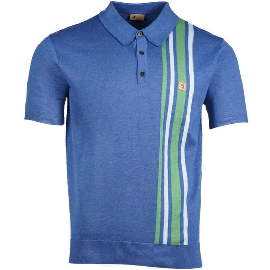 Gabicci Vintage Mod Racing Stripe Fine Knit Polo Blue