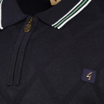 Gabicci Vintage Fine Diamond Knit Zip Neck Polo Navy