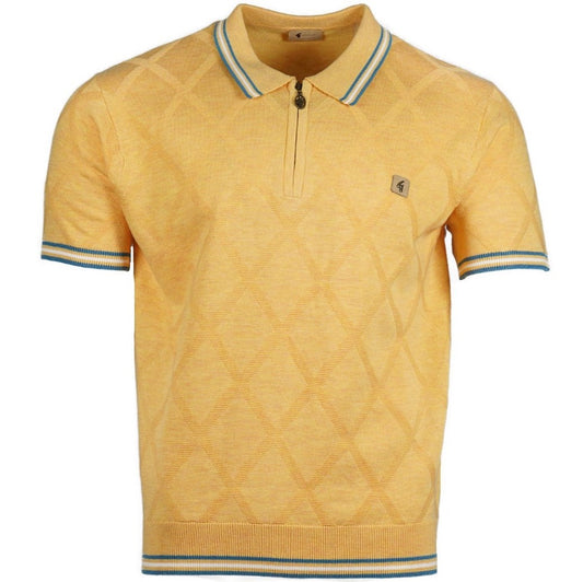 Gabicci Vintage Fine Diamond Knit Zip Neck Polo Yellow