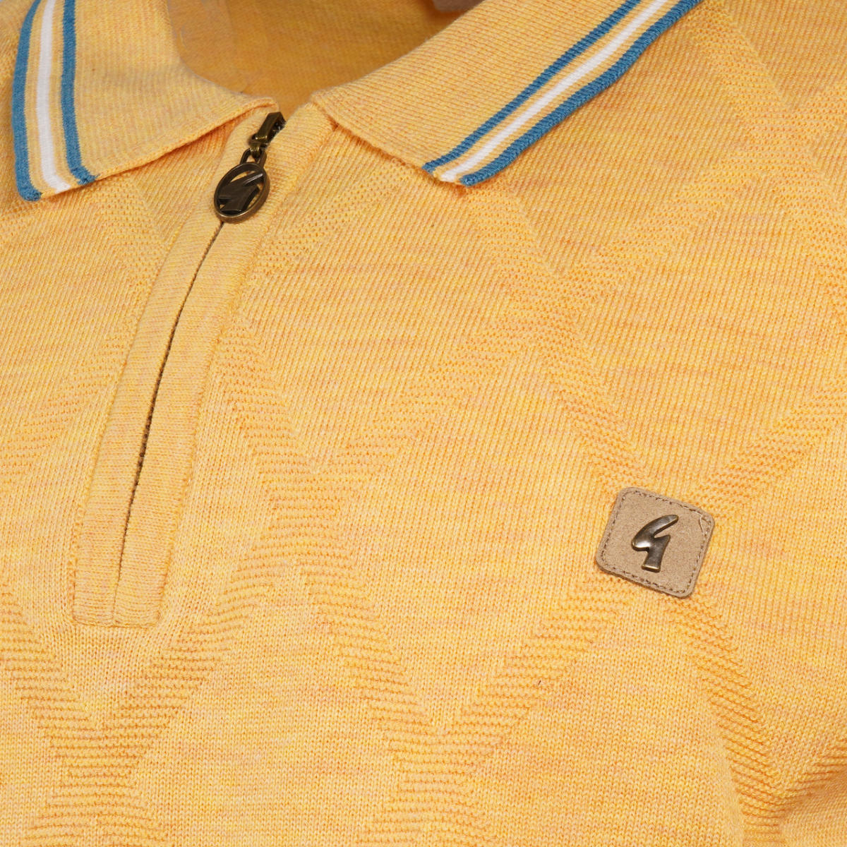 Gabicci Vintage Fine Diamond Knit Zip Neck Polo Yellow