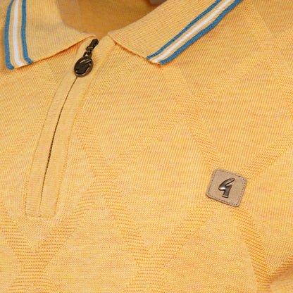 Gabicci Vintage Fine Diamond Knit Zip Neck Polo Yellow