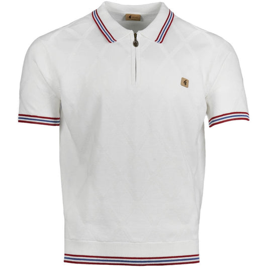 Gabicci Vintage Fine Diamond Knit Zip Neck Polo White