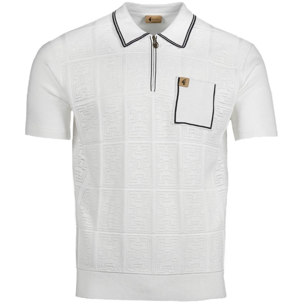 Gabicci Vintage Fine Pointelle Knit Zip Neck Polo White