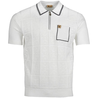 Gabicci Vintage Fine Pointelle Knit Zip Neck Polo White