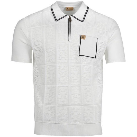 Gabicci Vintage Fine Pointelle Knit Zip Neck Polo White